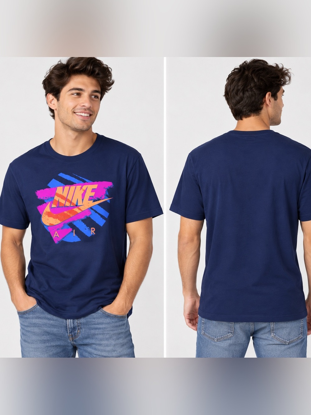 Nike Navy Short-Sleeve Graphic Tee with Neon Logo